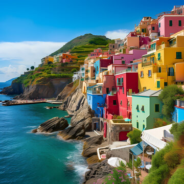 A coastal town with colorful houses overlooking the ocean