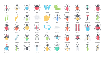 Foto op Plexiglas Insects Flat Icons Insect Bug Butterfly Iconset 50 Vector Icons © Michael