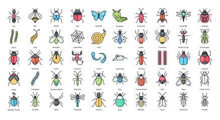 Insects Filled Line Icons Insect Bug Butterfly Iconset in Colored Outline Style 50 Vector Icons - obrazy, fototapety, plakaty