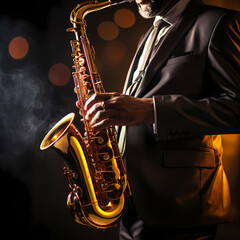 Close-up of a musician playing a saxophone.