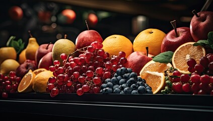 Fresh ripe fruits on the refrigerated storefront. The concept of fruit freshness. - obrazy, fototapety, plakaty