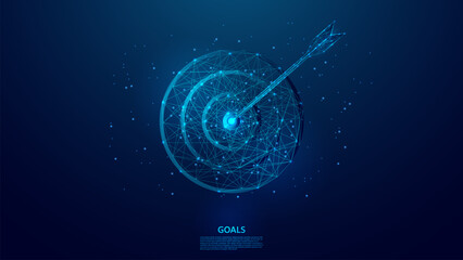 Blue abstract illustration of an arrow hitting the target. Ideal for illustrating the concepts of precision, achievement and goal attainment. Low poly wireframe style technology blue background.