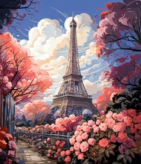 Fototapeten Eiffeltoren in het voorjaar in Jugendstil stijl © adrivdb
