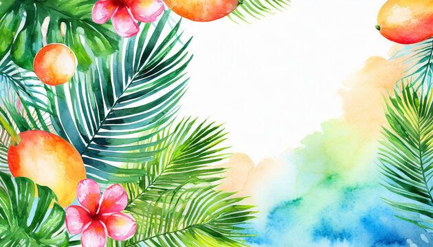 Tropical summer background, copy space on a side, watercolor art style