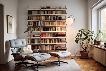 Inviting mid-century Copenhagen reading nook with a classic lounge chair, floor lamp, and a curated bookshelf