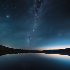 A peaceful night scene featuring a crystal-clear lake reflecting the brilliance of a star-studded sky