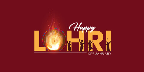 Happy Lohri text. Indian Sikh Festival editable design background. Greetings on the traditional Lohri festival of Punjab, India. Greeting card, poster banner design.