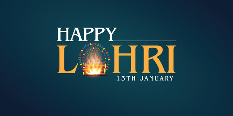 Happy Lohri text. Indian Sikh Festival editable design background. Greetings on the traditional Lohri festival of Punjab, India. Greeting card, poster banner design.