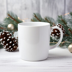 A blank Mug christmas themed background and decorations around the Mug.