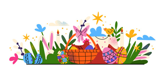 Cartoon Easter poster in abstract 90s retro style. Spring elements, rabbits, eggs, Christian holiday, Easter baskets, flowers. Vector groovy illustration