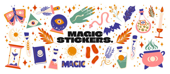 Cartoon set of stickers of magic and witchcraft. 90s wild magic design. botanical elements,skull,cards,hand,eye,potion. Halloween set	 - obrazy, fototapety, plakaty