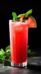 Invigorating tall glass of refreshing watermelon juice garnished with a sprig of fresh mint, a slice of juicy watermelon, and ice cubes, perfect for quenching your thirst on a hot summer day