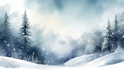White winter background, copy space on a side, watercolor art style