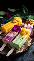 Deliciously vibrant Trio of colorful ice cream popsicles with mouthwatering flavors - strawberry, mango, and blueberry - perfect for a refreshing summer treat