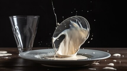 White plate with spilled glass of milk, milk splashing on the table, modern kitchen scene - obrazy, fototapety, plakaty
