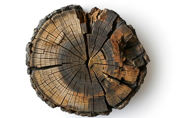 A close up of a chopped tree trunk wood, top view grungy, isolated on white background, realistic and high quality, generated by AI.