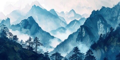 Mountain scenery, Watercolor. Chinese or Japanese Blue Mountains. Landscape of foggy mountains in the early morning