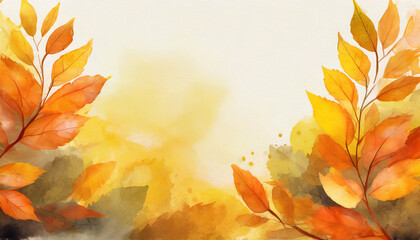 Yellow autumn background, copy space on a side, watercolor art style