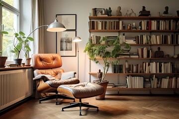 Inviting mid-century Copenhagen reading nook with a classic lounge chair, floor lamp, and a curated bookshelf