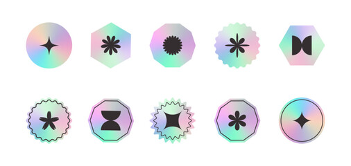 Trendy holographic y2k stickers. Abstract icons, shapes in brutalist style, futuristic symbols Vector illustration