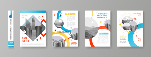 Cover design. Business brochure template. Corporate flyer. Abstract circle graphic. Layout for company report. Modern book infographic. Businessman presentation. Vector posters set