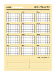 Monthly planner. Week goals. Tasks tracker. Yearly planning. Month schedule. Paper sheet. Blank printable timetable. Office stationery. Agenda reminder. Vector organizer template design