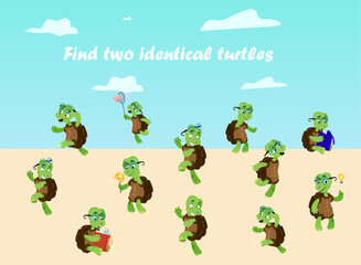 Cartoon turtle. Find identical tortoises. Preschool kids worksheet. Search same animals. Compare funny green reptiles. Workbook test. Terrapin actions. Vector educational puzzle design