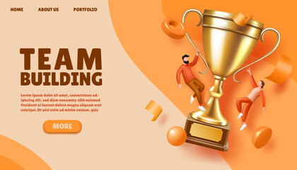 Team building landing page design. Winners and trophy cup, champion award, people win competition, success employee leaders. Company teamwork. 3d render elements. Vector design template