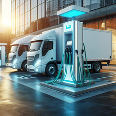 electric trucks standing by the charging station - obrazy, fototapety, plakaty