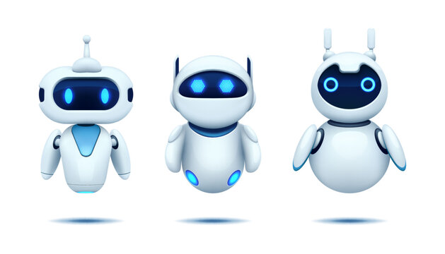 3d robot. Bot character icon, space toy mascot for logo, cartoon alien kids technology cyborg with different emotions, science rocket, space support, AI face. Vector design illustration