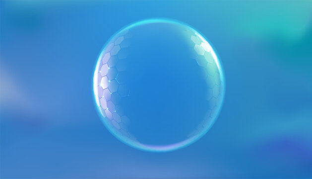 Protect sphere. Light shield skin with UV barrier effect. 3D sun hexagon force field or medical care layer. Shiny circle dome in sky. Sparkling transparent balloon. Vector background
