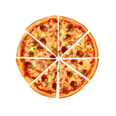 Tasty pepperoni pizza. Top view of hot pepperoni pizza. Flat lay. Isolated on Png background.	
