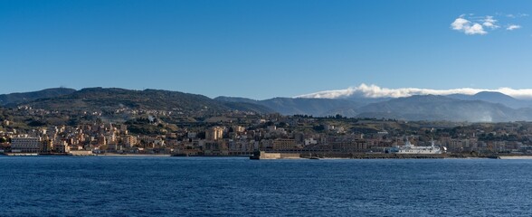 Fototapeta premium panorama view of the ferry terminal and harbor at Villa San Giovanni on the Strait of Messina
