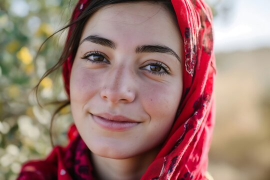A close up of an Afghan girl, Persian woman portrait with a cute smile, wearing a red floral scarf for hijab. muslim female face happy in the nature, AI generated.