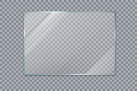 Glass window. Transparent screen effect. Shine glossy plastic glare frame. 3D mirror. Clear rectangular plate with gloss. Acrylic showcase. Plexiglas texture. Vector isolated background