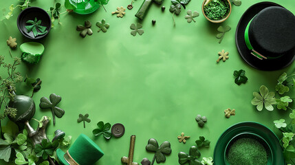 St. Patrick's day accessory with green background . Copy space