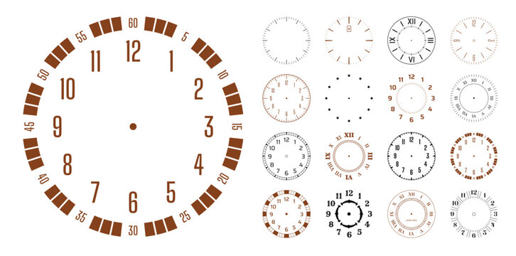 Vintage clock face. Roman numeral watch circle dial. Analogue antique hour numbers for analog gothic wall. Retro round chronometer. Timepiece ticking. Vector design time elements set