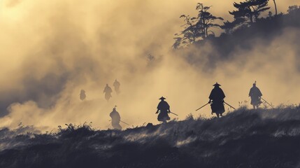 Stunning dawn scene in fog with silhouetted samurais on the historic Sekigahara battlefield, delivered in modern ink wash style and muted tones.