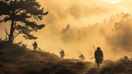 Stunning dawn scene in fog with silhouetted samurais on the historic Sekigahara battlefield, delivered in modern ink wash style and muted tones.