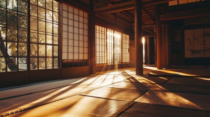 Traditional japanese empty room interior with tatami mats and sun light. - obrazy, fototapety, plakaty