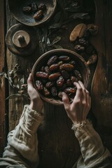 Hands take dates from a bowl, draped on an old wooden table, vertical.