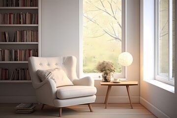 Inviting modern classic minimalist reading nook with a cozy armchair, simple shelving, and soft natural light
