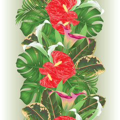 Floral vertical border seamless background with tropical flowers  beautiful lilies Cala and anthurium, palm,philodendron and ficus vintage vector illustration  editable hand draw