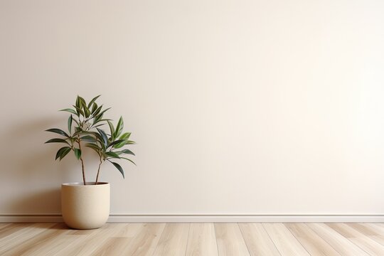 Blank beige wall in house with tropical tree on wooden parquet for luxury interior background