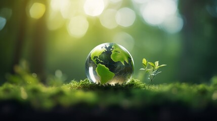 Globe in water with green grass. Ecology concept. 3d render. Green globe in the moss with green bokeh background. Global warming concept.