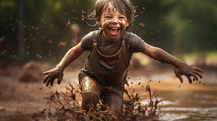 A happy child in the mud, laughing and playing with pain