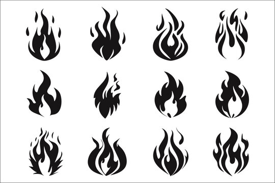 Fire flames set, Fire flames black color silhouette set