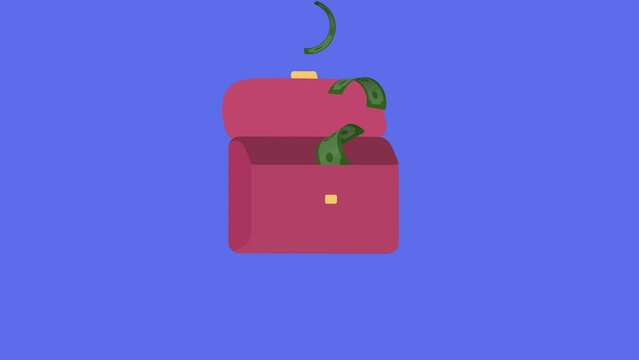 Animation of an open suitcase full of money flying out of it. Animated open suitcase full of flying Money

