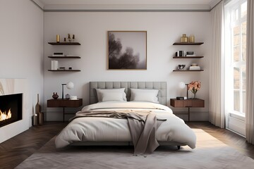 Fototapeta na wymiar Inviting modern classic minimalist bedroom with plush bedding, warm textures, and a carefully curated selection of decor