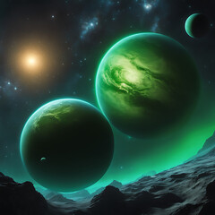 vibrant neon green gas giants floating amidst a star-studded cosmos, showcasing intricate details and realistic shading in a captivating astronomical scene